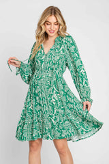 Green Paisley Floral Ruffle Neck Button Front Maternity Dress