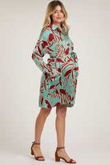 Brown Leaf Print Satin Button Down Maternity Dress