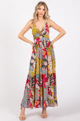 Multi-Color Floral V-Neck Front Knot Tiered Maternity Maxi Dress