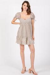 Beige Striped Floral Eyelet Mini Dress