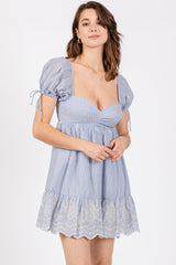 Blue Striped Floral Eyelet Mini Dress