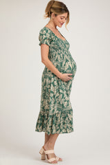 Teal Floral Smocked Short Puff Sleeve Maternity Midi Dress