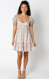 Cream Floral Sweetheart Neck Short Puff Sleeve Dress