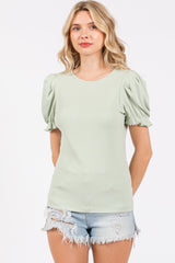 Sage Ribbed Puff Sleeve Top