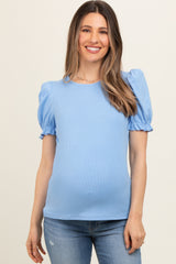 Blue Ribbed Puff Sleeve Maternity Top