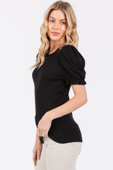 Black Ribbed Puff Sleeve Top