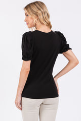 Black Ribbed Puff Sleeve Top