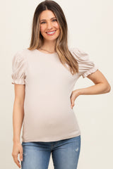 Beige Ribbed Puff Sleeve Maternity Top