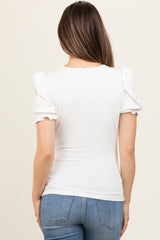 White Ribbed Puff Sleeve Maternity Top