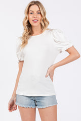 White Ribbed Puff Sleeve Maternity Top