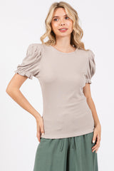 Taupe Ribbed Puff Sleeve Maternity Top