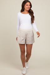 Beige Elastic Waist Side Pocket Active Maternity Shorts