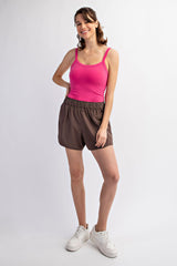 Brown Elastic Waist Side Pocket Active Maternity Shorts