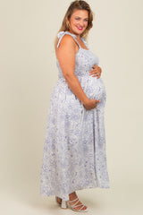 White Blue Floral Tie Strap Maternity Plus Maxi Dress