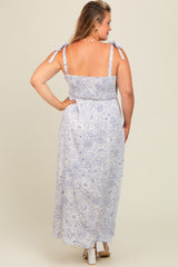 White Blue Floral Tie Strap Maternity Plus Maxi Dress