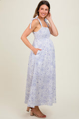 White Floral Shoulder Tie Maternity Dress