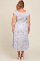 Ivory Blue Floral Print Ruched Tiered Plus Maternity Midi Dress