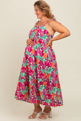 Multi-Color Floral Shoulder Tie Tiered Maternity Plus Midi Dress