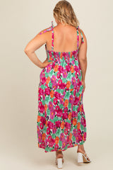 Multi-Color Floral Shoulder Tie Tiered Maternity Plus Midi Dress