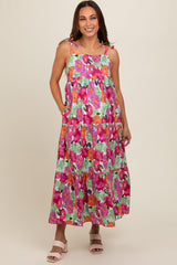 Multi-Color Floral Shoulder Tie Tiered Maternity Midi Dress