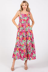 Multi-Color Floral Shoulder Tie Tiered Midi Dress