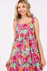 Multi-Color Floral Shoulder Tie Tiered Midi Dress