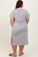 Navy Striped Short Sleeve Plus T-Shirt Midi Dress