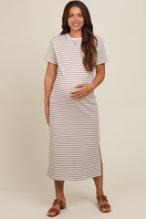 Cream Striped Short Sleeve Maternity T-Shirt Midi Dress