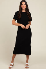 Black Short Sleeve Side Slit T-Shirt Midi Dress