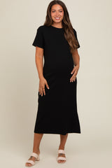 Black Short Sleeve Side Slit Maternity T-Shirt Midi Dress