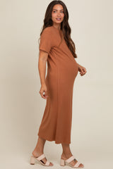 Camel Short Sleeve Side Slit Maternity T-Shirt Midi Dress