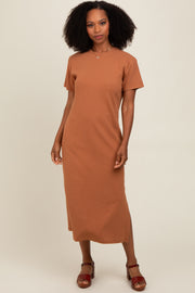 Camel Short Sleeve Side Slit T-Shirt Midi Dress