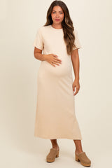 Cream Short Sleeve Side Slit Maternity T-Shirt Midi Dress