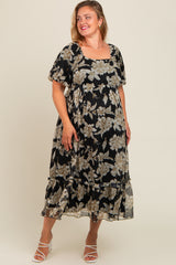 Black Floral Chiffon Ruffle Hem Maternity Plus Midi Dress