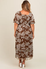 Brown Floral Chiffon Ruffle Hem Maternity Plus Midi Dress