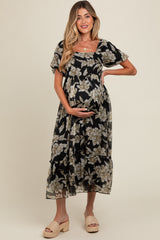 Black Floral Chiffon Ruffle Hem Maternity Midi Dress