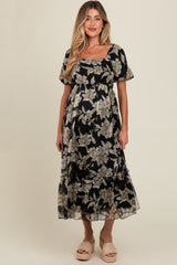 Black Floral Chiffon Ruffle Hem Maternity Midi Dress