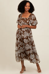 Brown Floral Chiffon Ruffle Hem Maternity Midi Dress