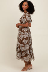 Brown Floral Chiffon Ruffle Hem Midi Dress