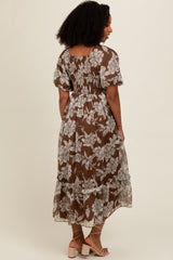 Brown Floral Chiffon Ruffle Hem Midi Dress