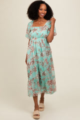 Mint Green Floral Chiffon Ruffle Hem Midi Dress