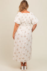 Beige Floral Textured Dot Smocked Sweetheart Neck Maternity Plus Midi Dress