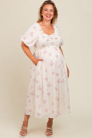 Pink Floral Textured Dot Smocked Sweetheart Neck Maternity Plus Midi Dress