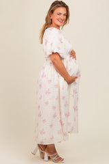 Pink Floral Textured Dot Smocked Sweetheart Neck Maternity Plus Midi Dress