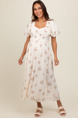 Beige Floral Textured Dot Smocked Sweetheart Neck Maternity Midi Dress