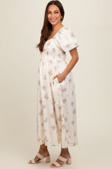 Beige Floral Textured Dot Smocked Sweetheart Neck Maternity Midi Dress