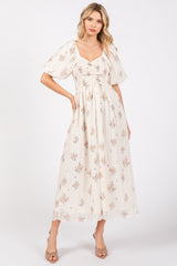 Beige Floral Textured Dot Smocked Sweetheart Neck Maternity Midi Dress