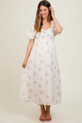 Pink Floral Textured Dot Smocked Sweetheart Neck Maternity Midi Dress