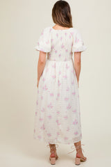 Pink Floral Textured Dot Smocked Sweetheart Neck Maternity Midi Dress