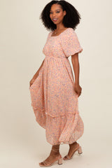 Peach Floral Ruffle Hem Maxi Dress